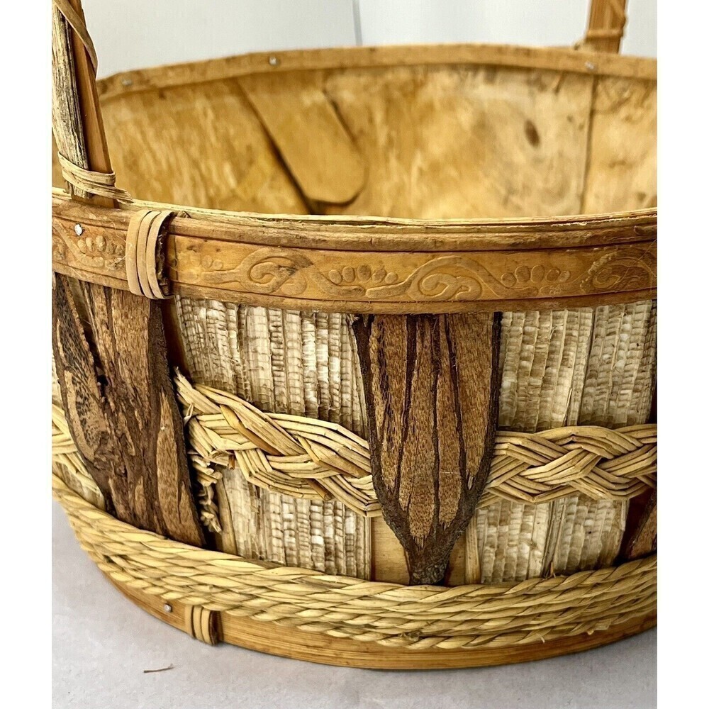 Rustic Hand Woven Basket Raw Birch/Bark Decorative Trim Primitive Boho Farmhouse - Picture 8 of 16